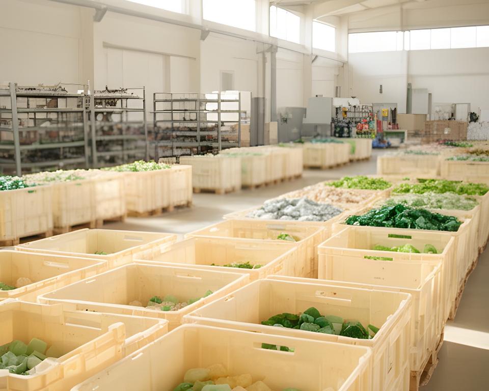Produktionshalle mit hellen Kunststoffboxen, natürlichem Tageslicht und sorgfältig sortierten Materialchargen