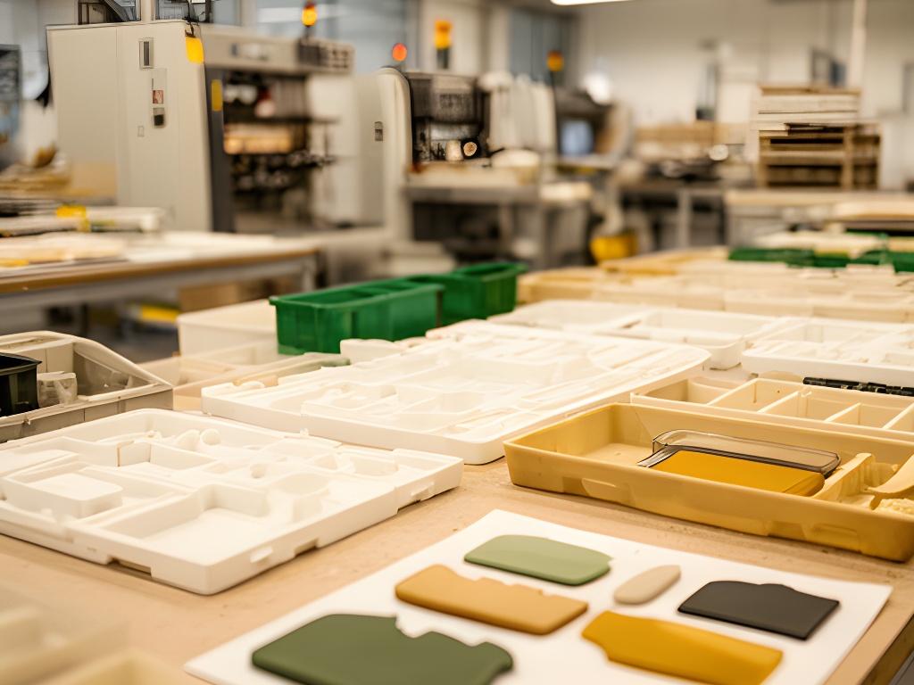 Produktion von Kunststoff-Haushaltswaren in einer hellen Werkhalle in Zürich mit geordneten Formen und Materialproben