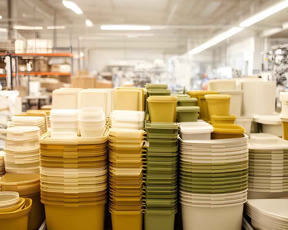 Industrieansicht mit sorgfältig gestapelten Kunststoff-Haushaltswaren in einem hellen Zürcher Produktionsraum