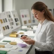 Mitarbeiterin prüft Kunststoffproben neben geordneten Produktmustern in einem Zürcher Entwicklungsraum