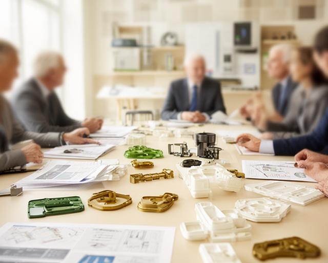 Geschäftsführung in einem hellen Besprechungsraum mit Musterteilen und technischen Zeichnungen auf dem Tisch